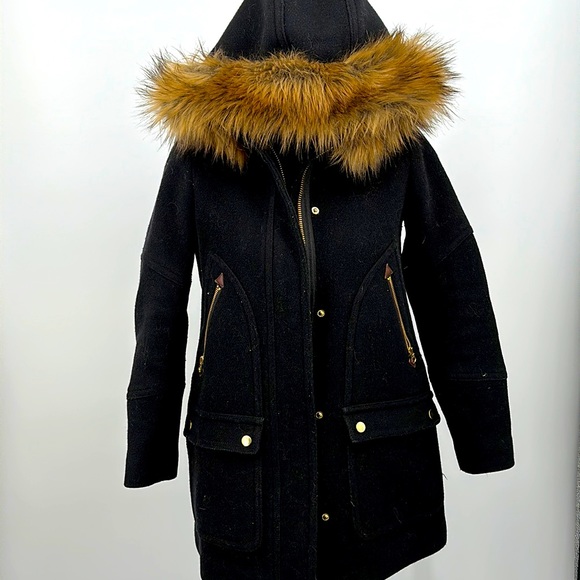 J. Crew Chateau parka jacket zip Coat Black Wool 0 petite - Picture 3 of 9